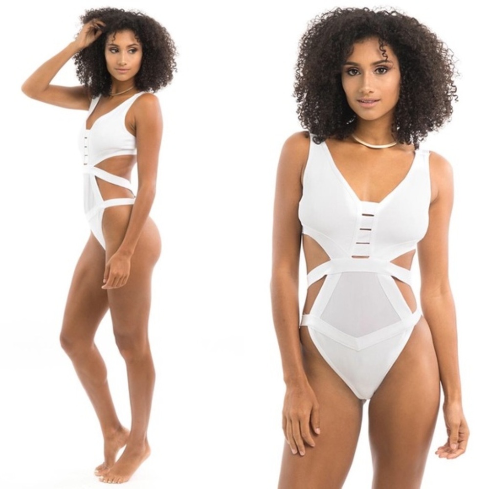 White Open Side Bandage Swimsuit